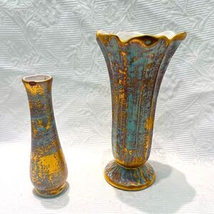 Stangl Vases (2) Turquoise Antique Gold Hand Painted Vintage Scalloped